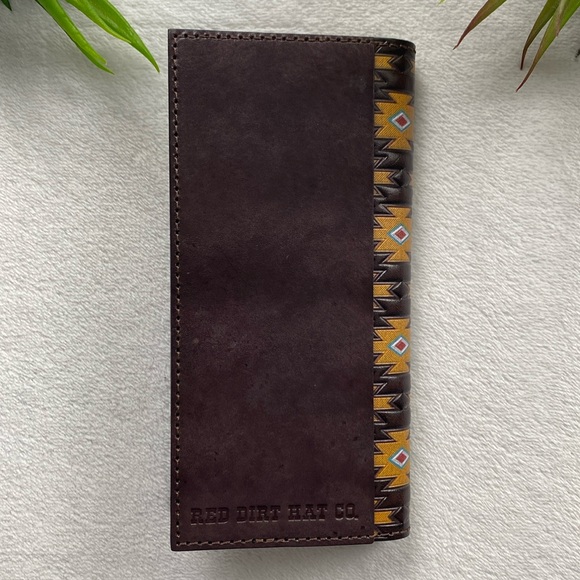 Red Dirt Hat Genuine Leather Boho/Southwest Pattern Long Bi Fold Rodeo Wallet - Picture 3 of 8